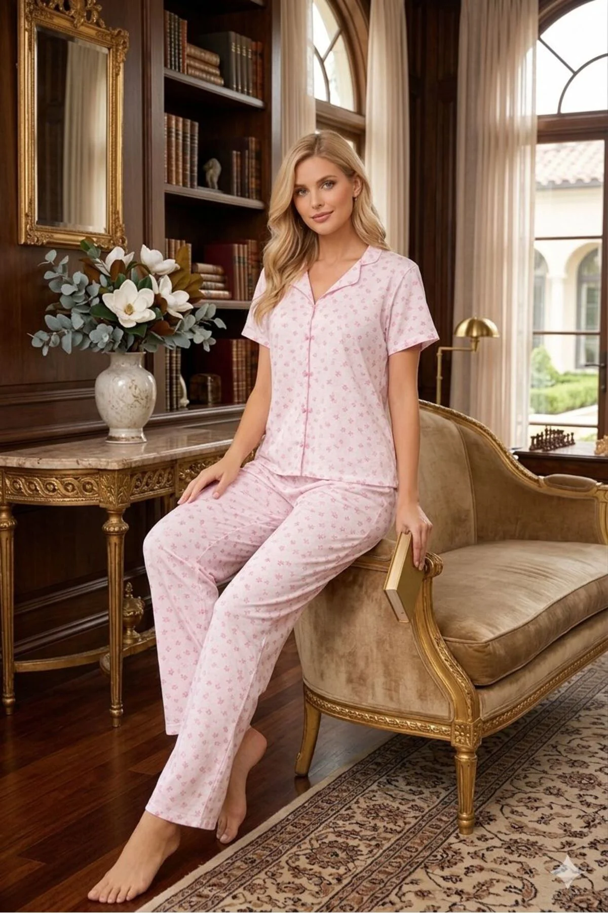 %100 pamuk üst kurdale süslü kısa kol pijama takımı