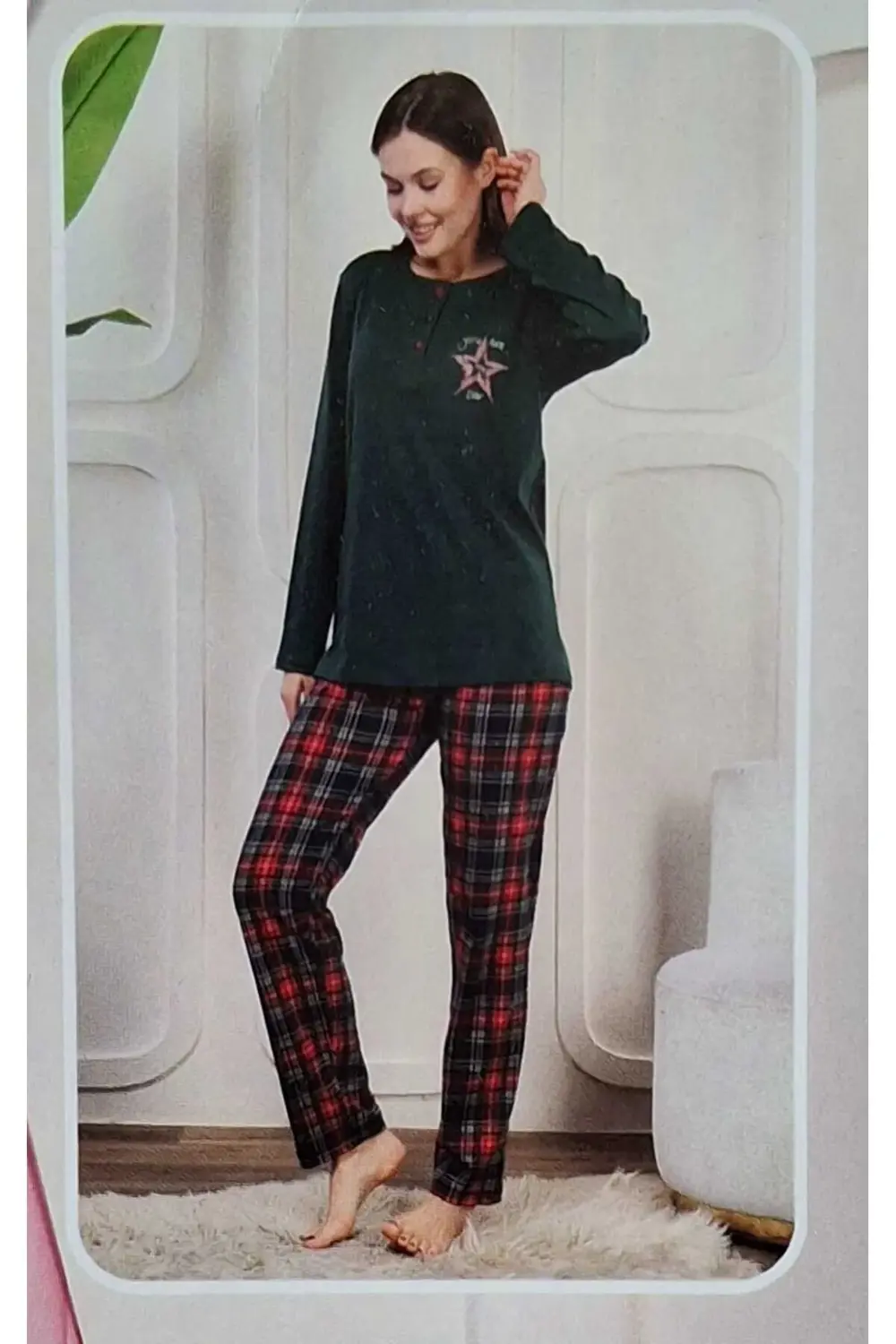 % 100 Pamuk Uzun Kol Kadın Pijama Takımı EKOSELİ