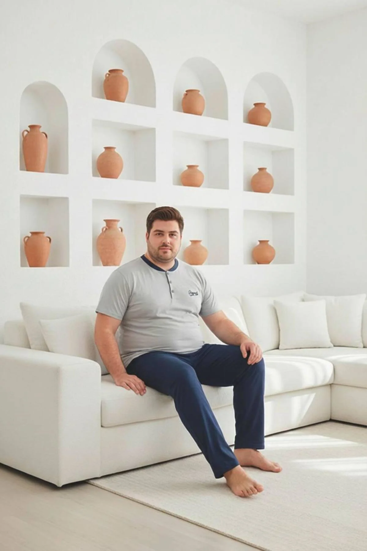 %100 pamuk yaka pat detaylı büyük beden erkek pijama takımı