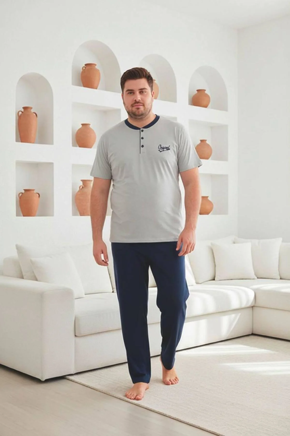 %100 pamuk yaka pat detaylı büyük beden erkek pijama takımı