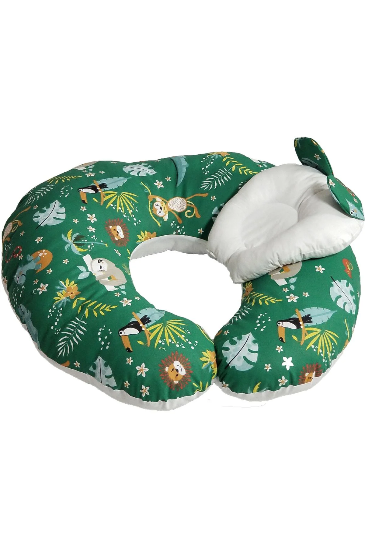 %100 Pamuk Yeşil Hayvan Figürlü Çift Renk Emzirme Yastığı Destek 