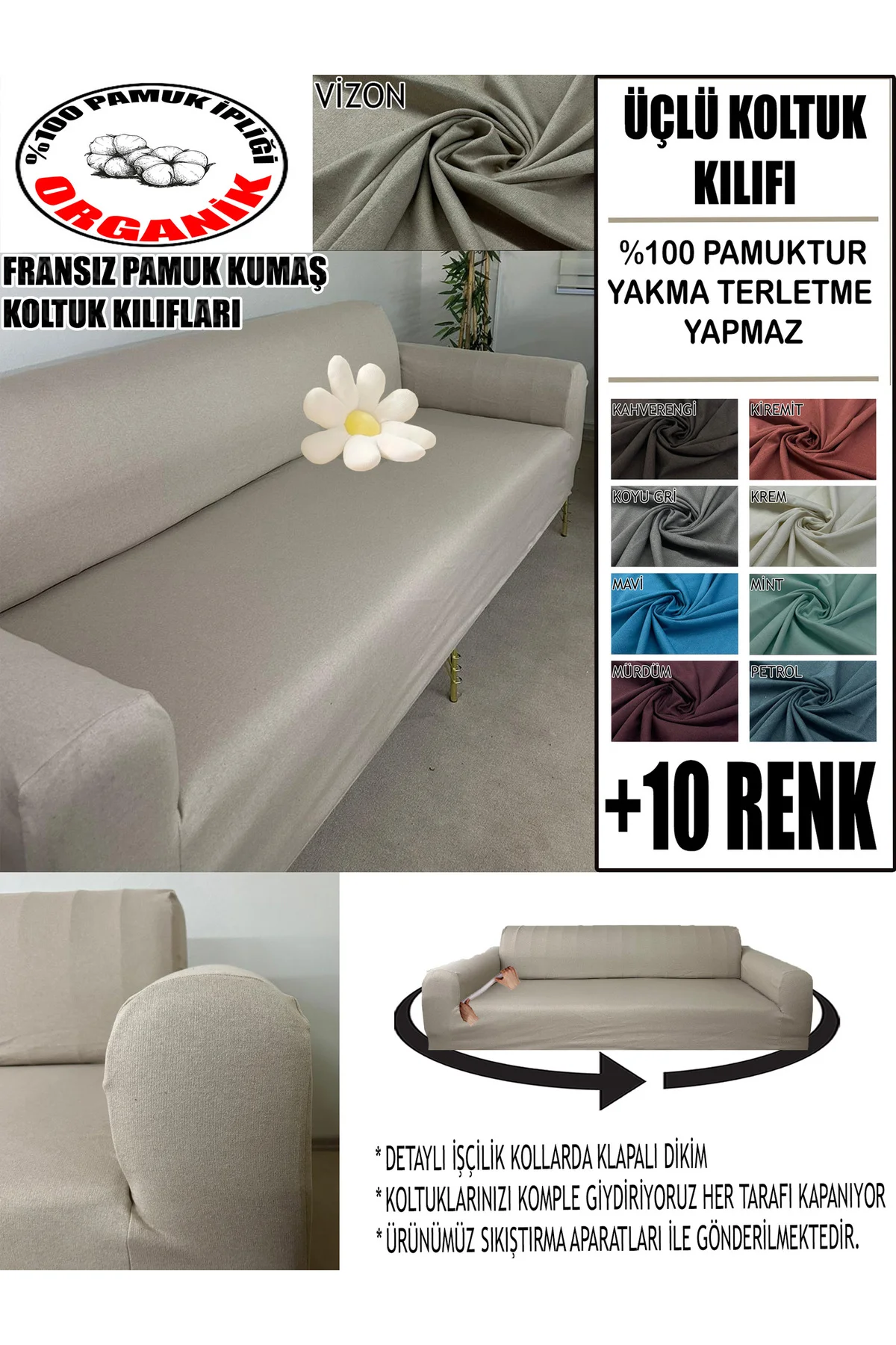 %100 Pamuklu Kumaş 1 Adet Üçlü Koltuk Kılıfı, Komple Kaplama, Ter