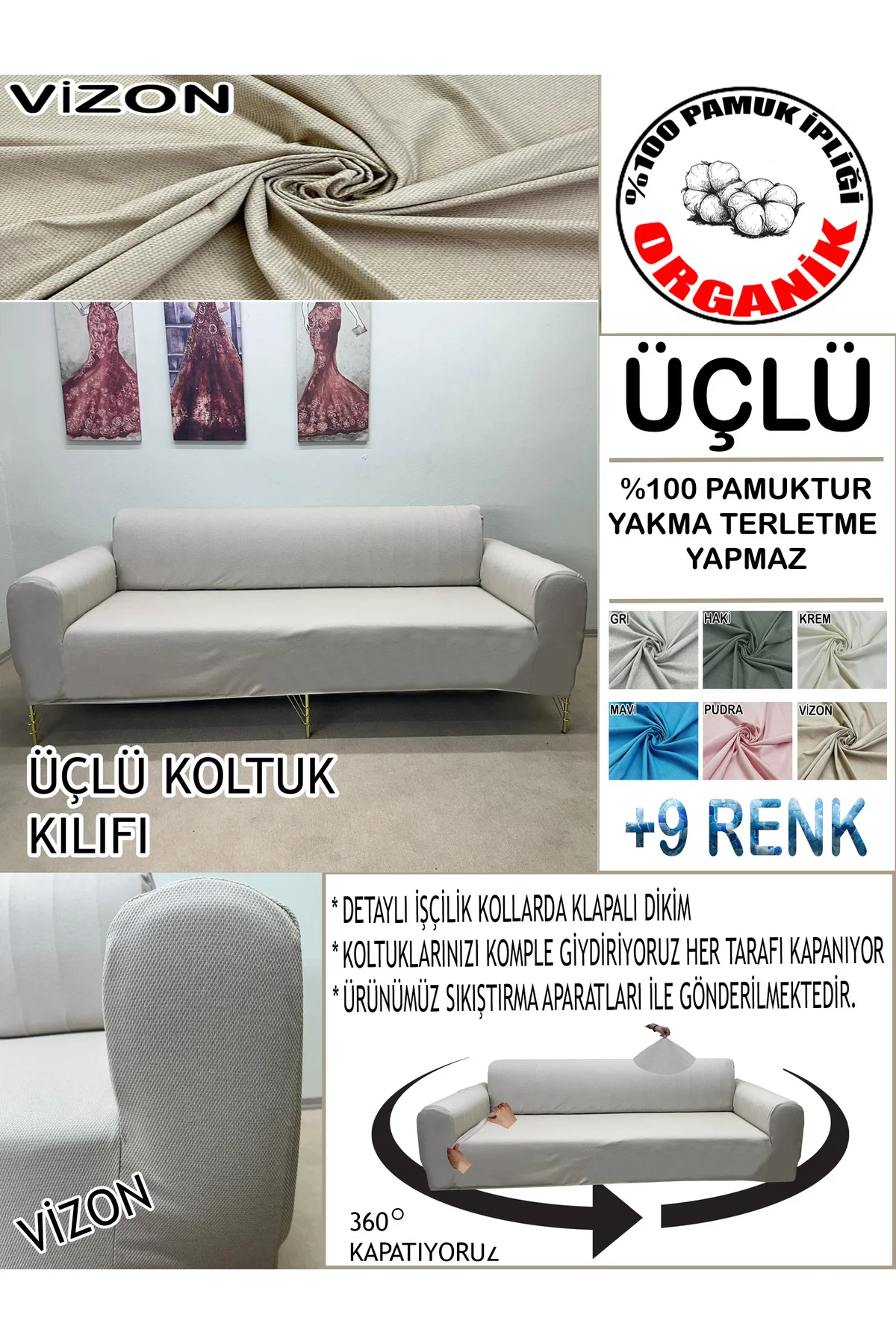 %100 Pamuklu Petek Dokulu Kumaş 1 Adet Üçlü Koltuk Kılıfı, Komple Kaplama, Terletmeyen Yakmayan Kumaş, Detaylı İşçilik + 2 Adet Kirlent Hediyeli