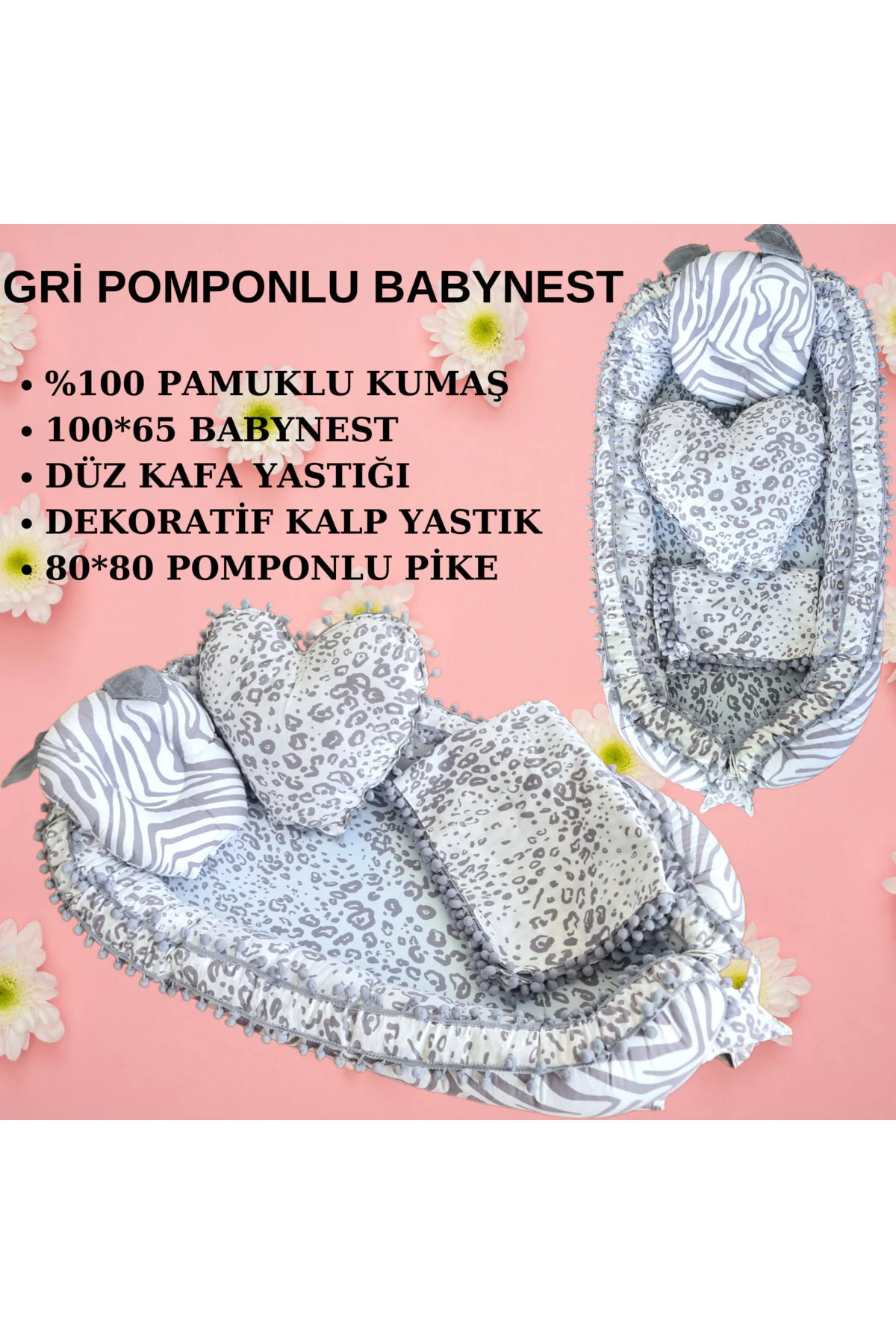 %100 Pamuklu ponponlu Babynest Anne Yanı Bebek Yatağı
