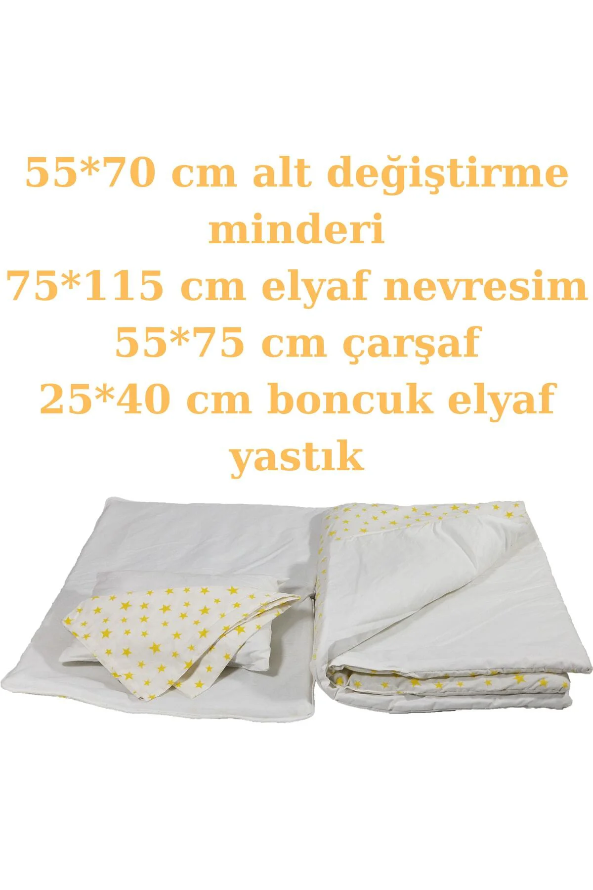 %100 Pamuklu Sarı Yıldızlı Kumaş Bebek Alt Açma Minderi ve Beşik 