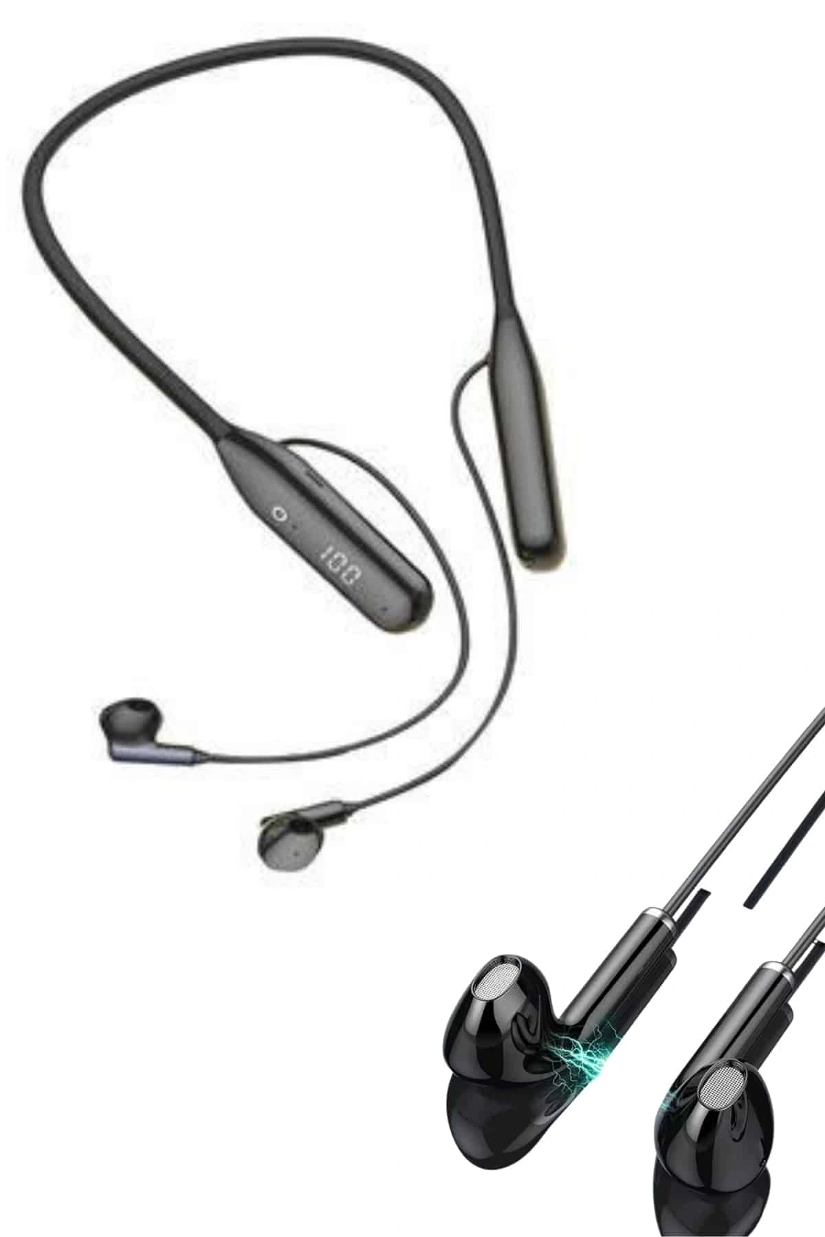 100 Saat Kablolu Boyun Askılı Dijital Göstergeli Bluetooth Kulakl