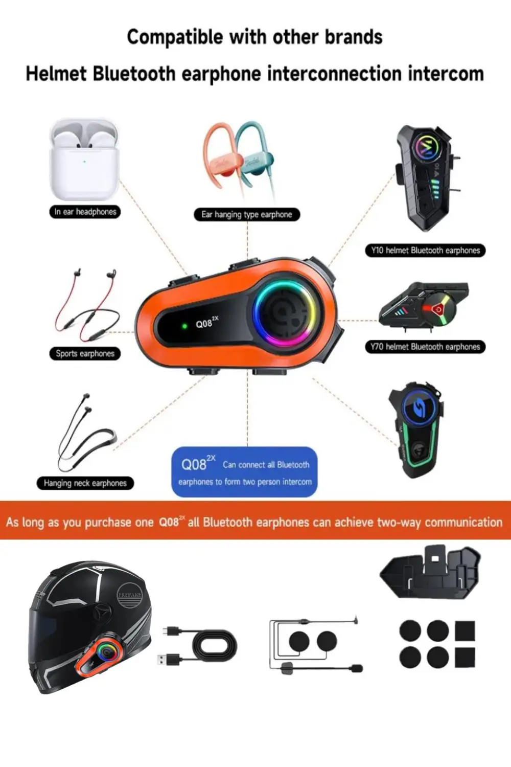 1000 Mt Intercom 2 Eşleşmeli Kask Kulaklık Q-08 Su Geçirmez Bluet