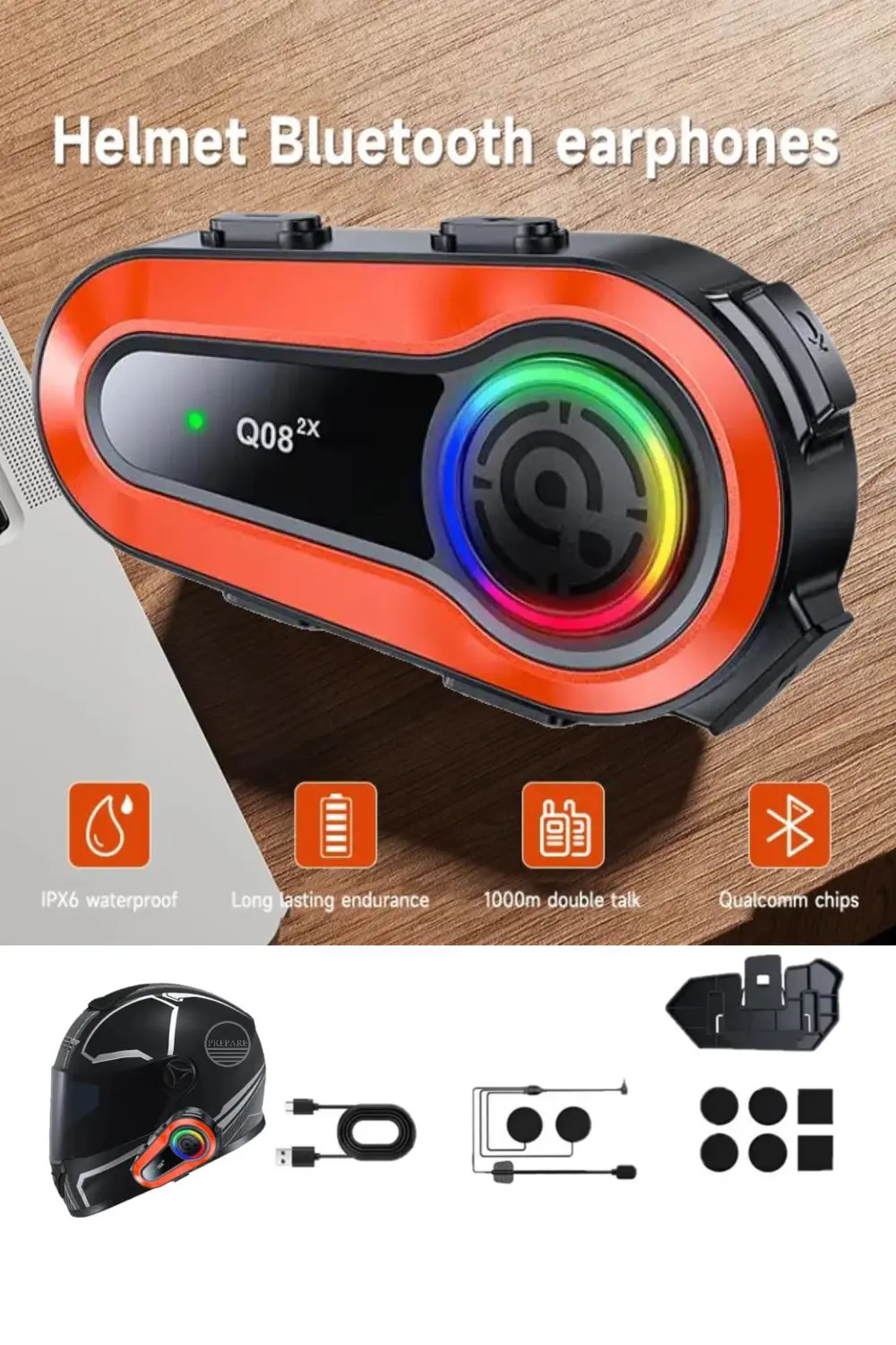 1000 Mt Intercom 2 Eşleşmeli Kask Kulaklık Q-08 Su Geçirmez Bluet