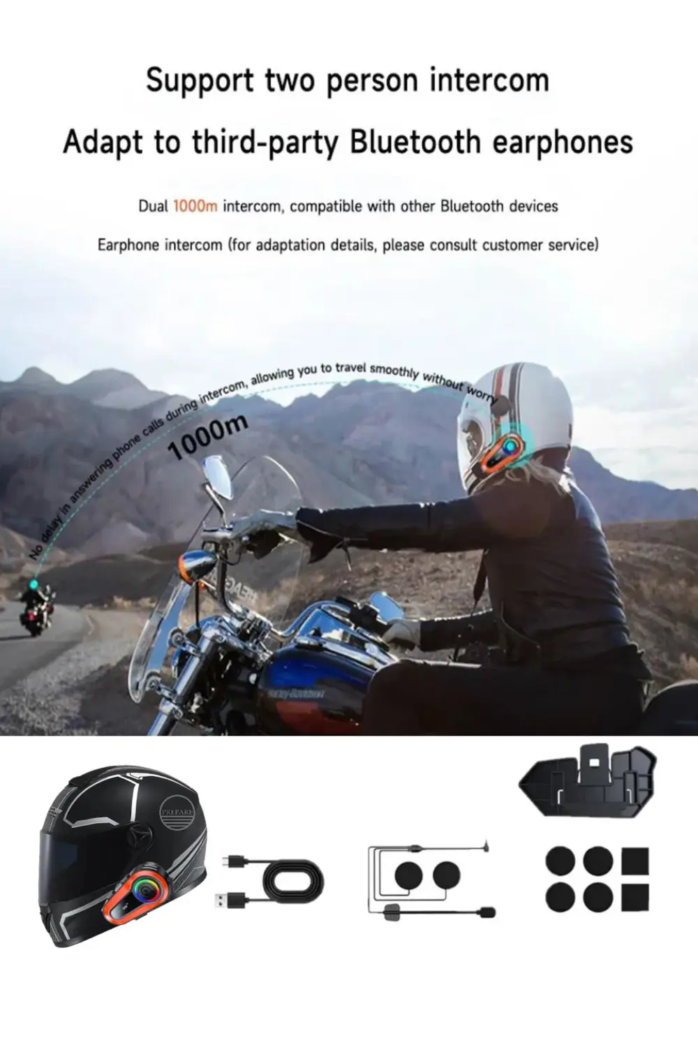 1000 Mt Intercom 2 Eşleşmeli Kask Kulaklık Q-08 Su Geçirmez Bluet