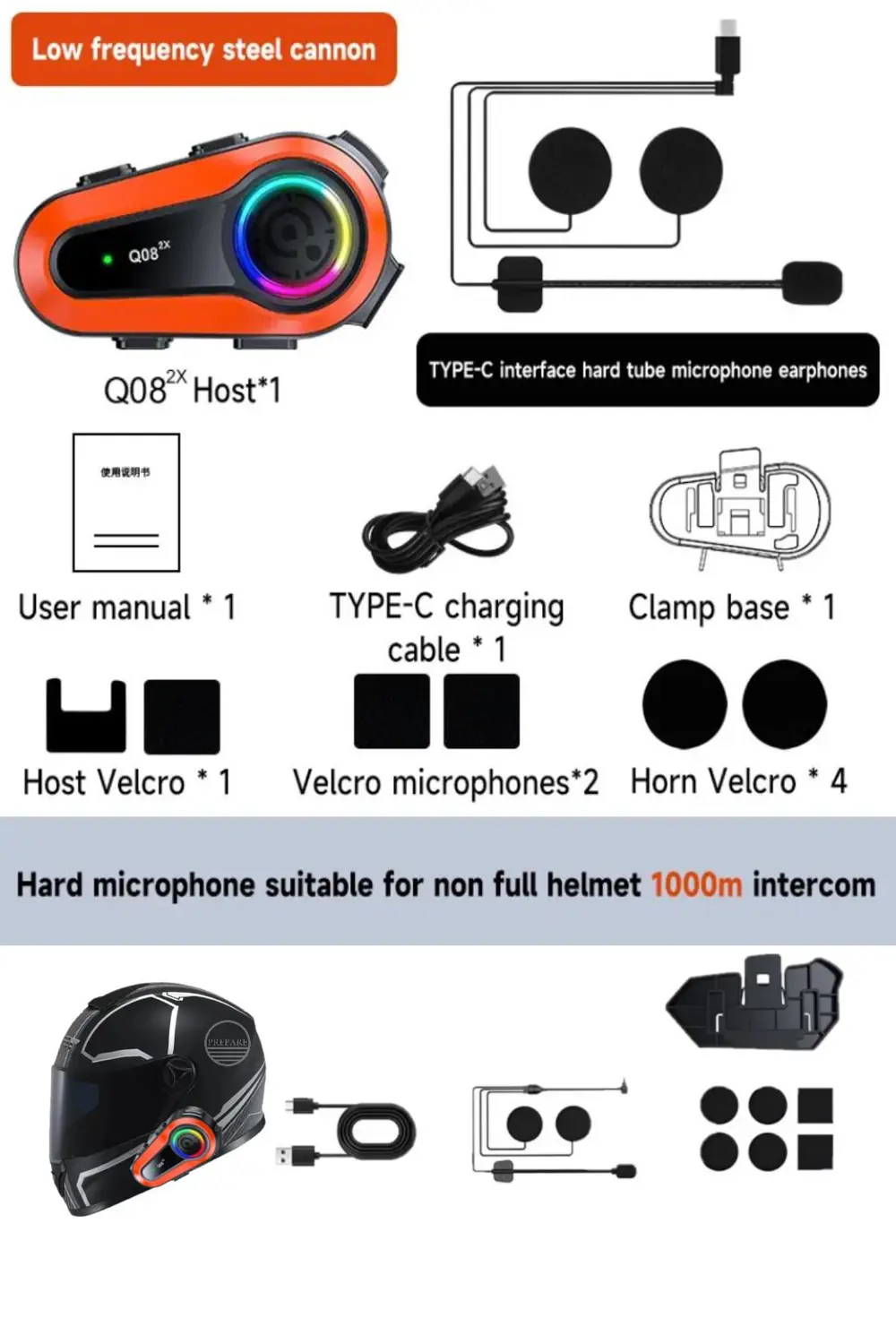 1000 Mt Intercom 2 Eşleşmeli Kask Kulaklık Q-08 Su Geçirmez Bluet