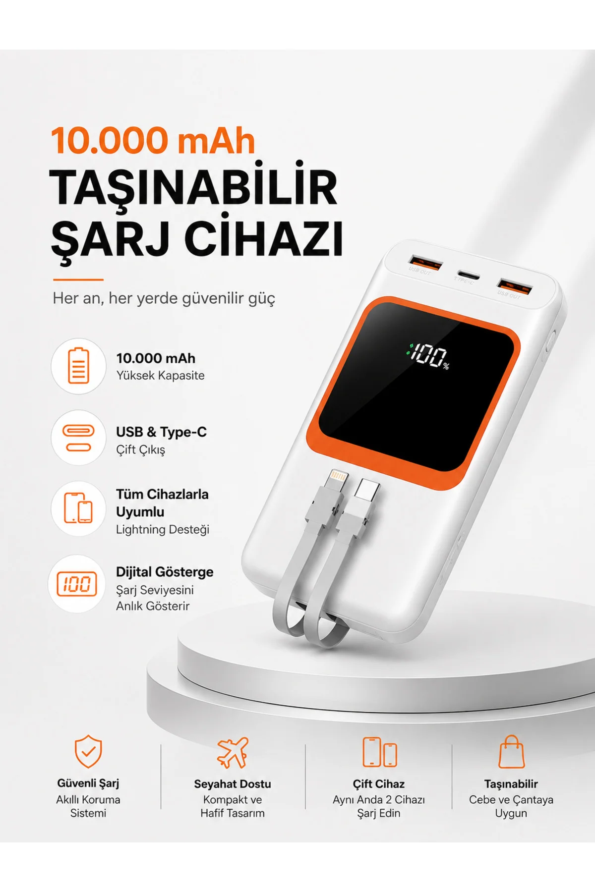 10.000 mAh Bataryalı, Dijital Göstergeli Taşınabilir Powerbank