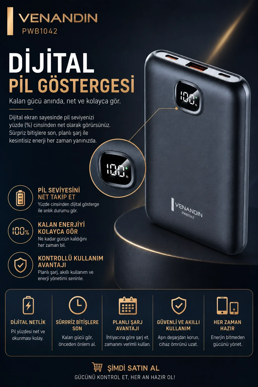 10000 mAh Dijital Göstergeli Hızlı Şarj Destekli Taşınabilir Powerbank