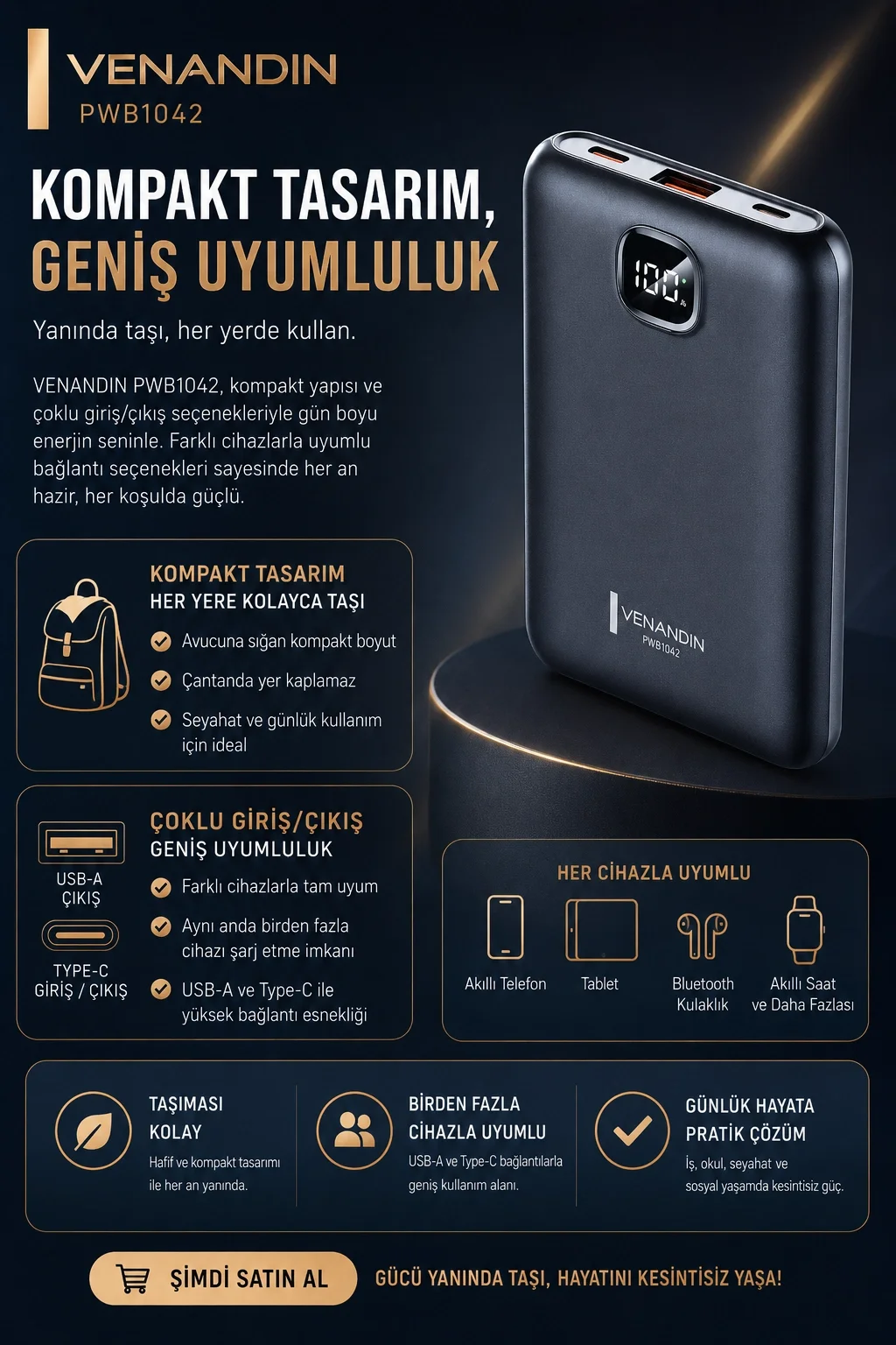 10000 mAh Dijital Göstergeli Hızlı Şarj Destekli Taşınabilir Powerbank