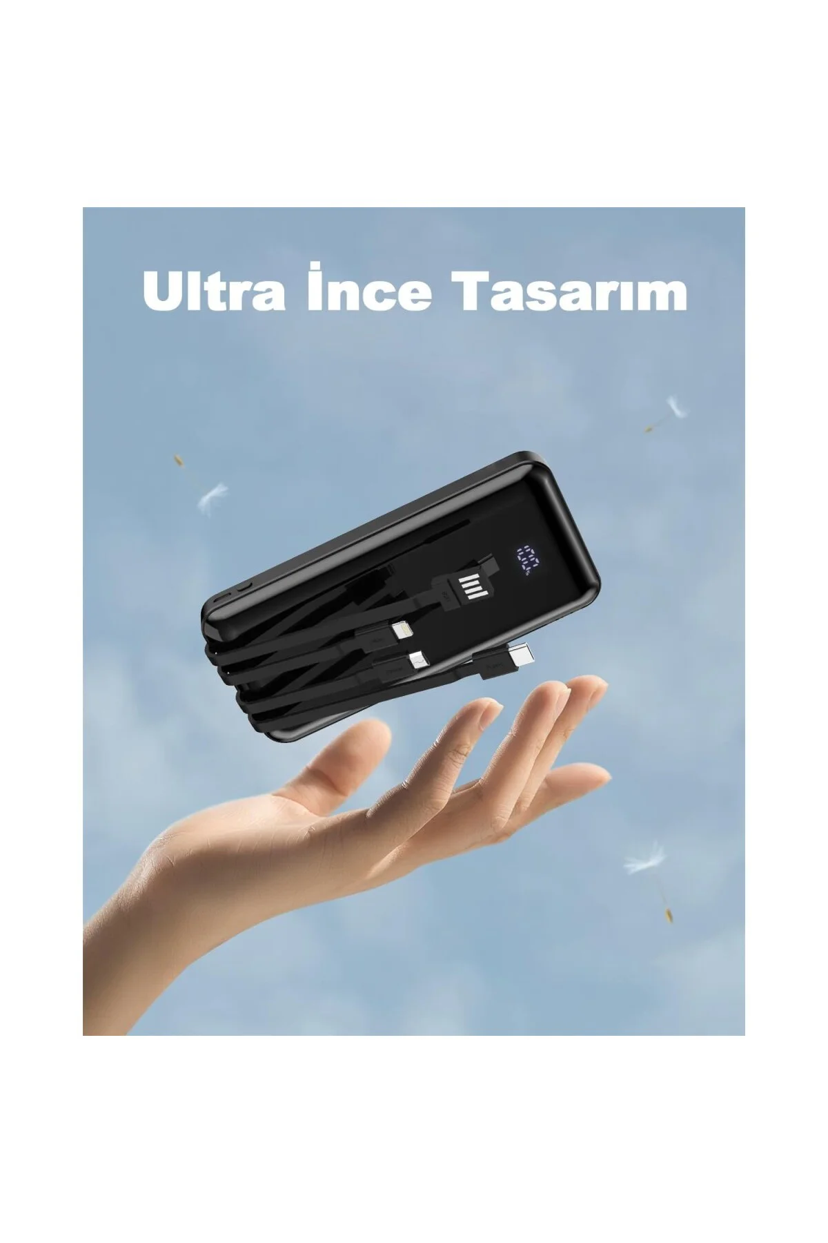 10000 mAh Dijital Göstergeli Dahili Kablolu Powerbank 10000 mAh P