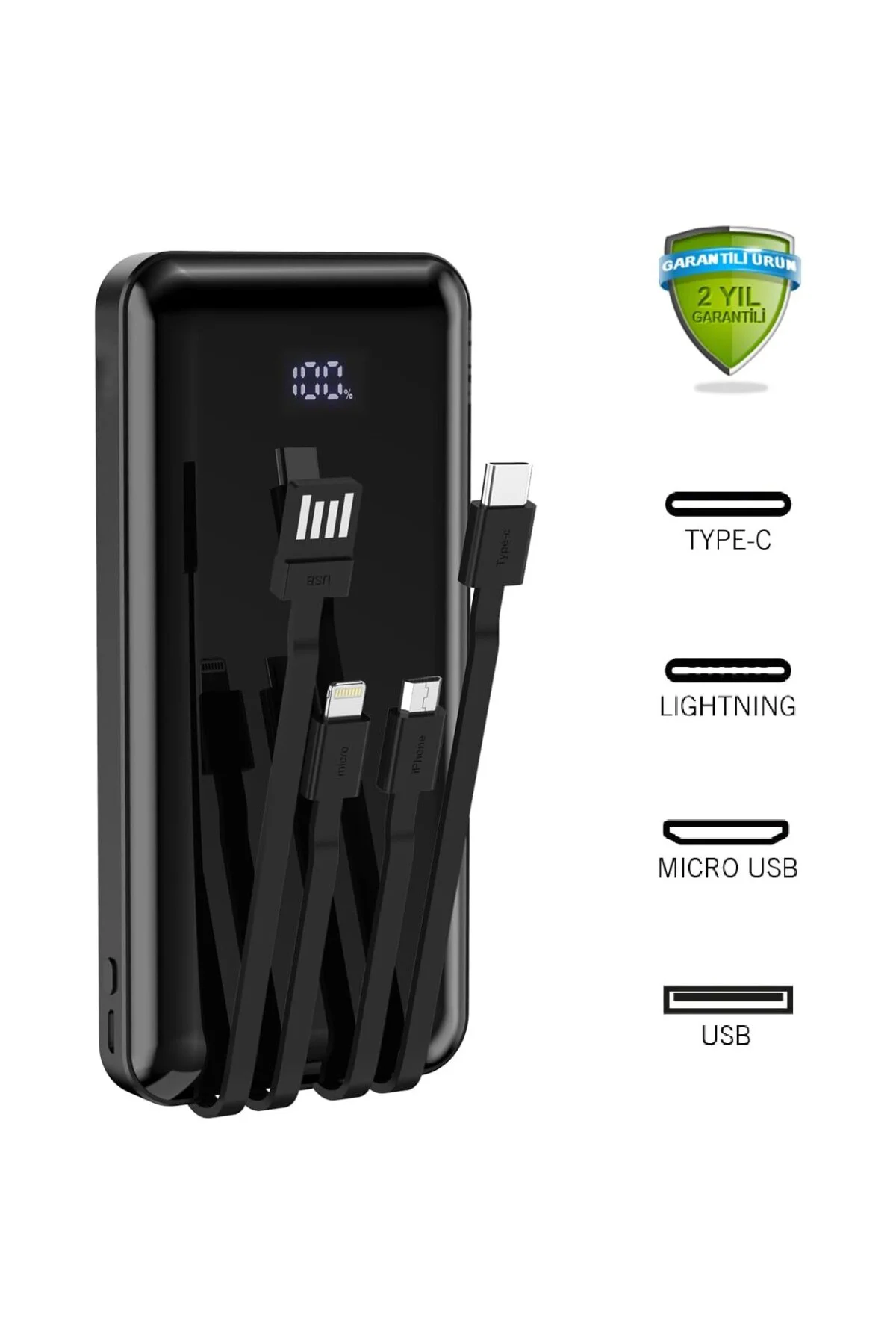 10000 mAh Dijital Göstergeli Dahili Kablolu Powerbank 10000 mAh P