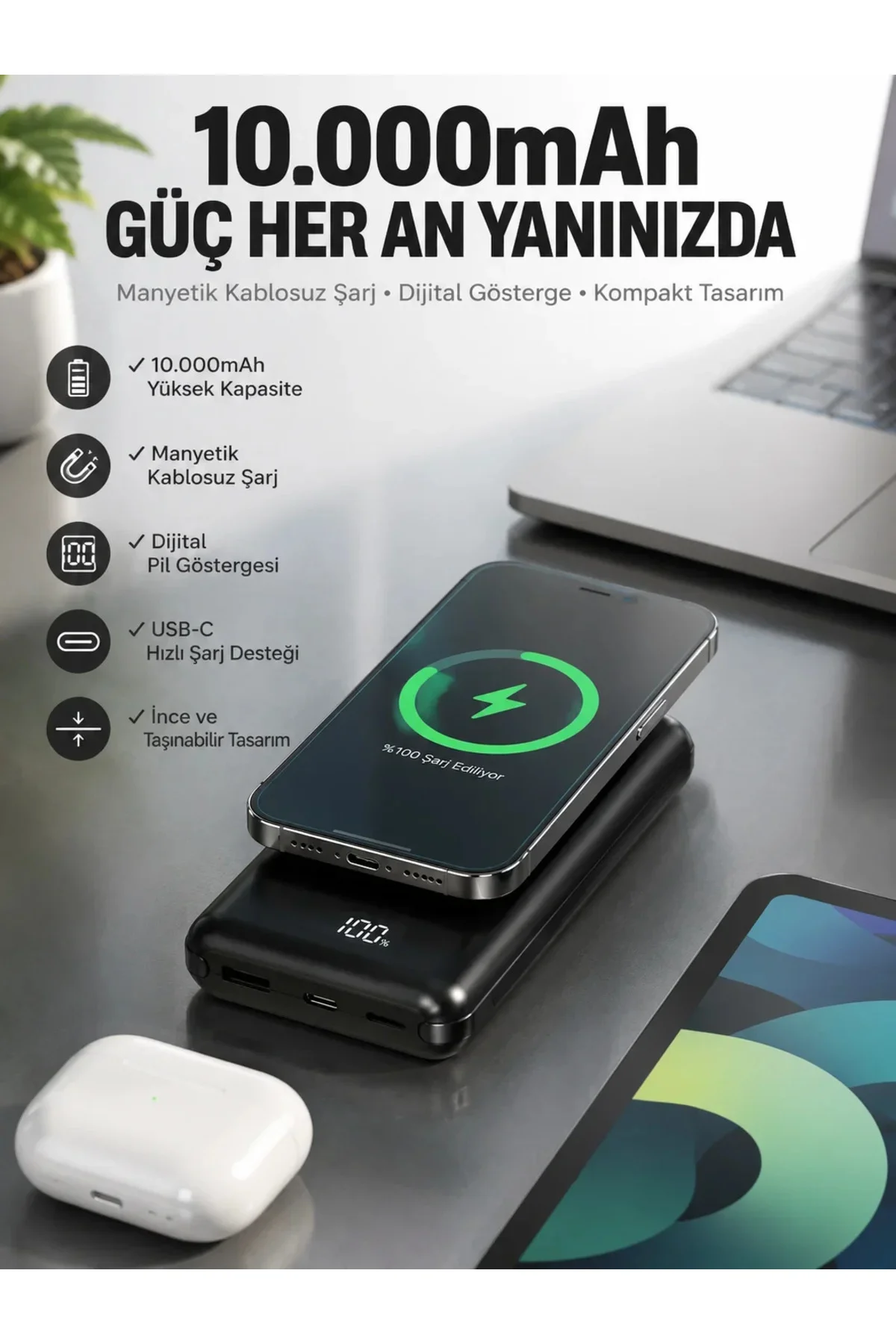 10.000 Mah Powerbank 4 Portlu Hızlı Şarj Dijital Göstergeli