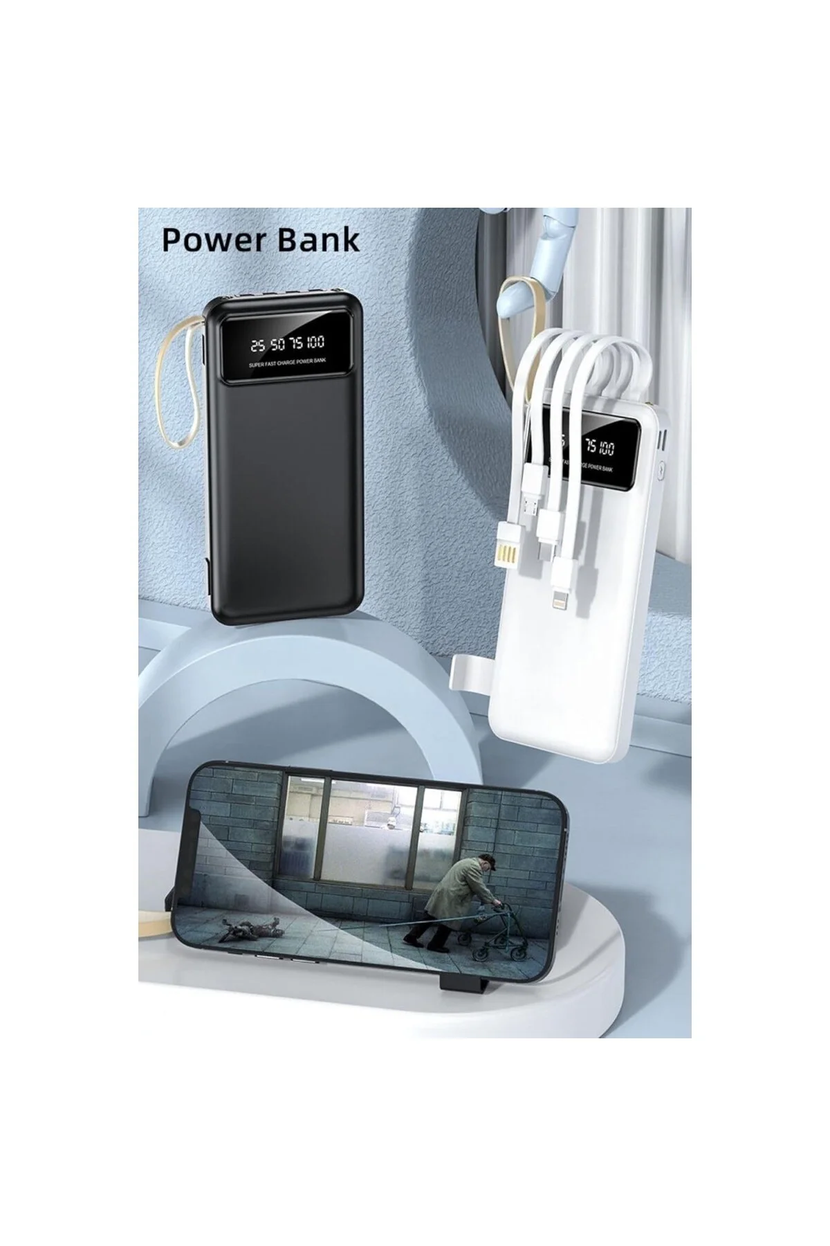 10000 Mah Slim Powerbank Dijital Göstergeli Dahili Şarj Kablolu G