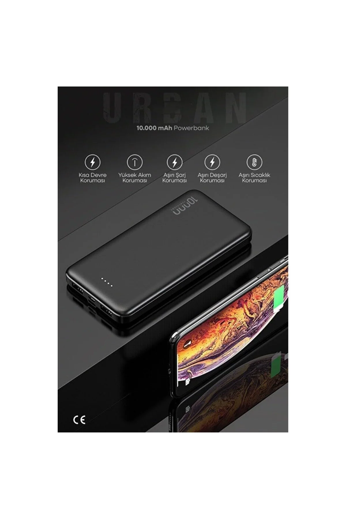 10.000mAh Led Işıklı Taşınabilir Şarj Aleti/Powerbank (Siyah)