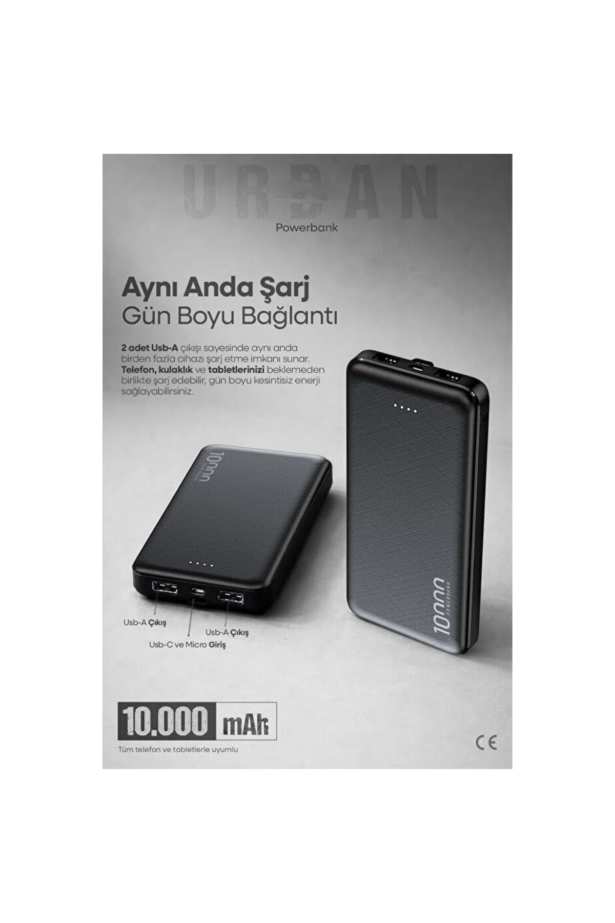 10.000mAh Led Işıklı Taşınabilir Şarj Aleti/Powerbank (Siyah)