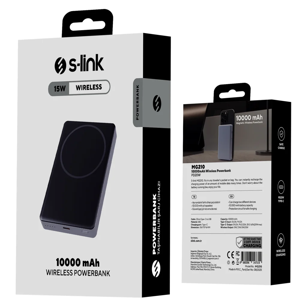 10000mAh Magsafe Gri Powerbank, S-LINK MG210 Kablosuz Şarj Cihazı