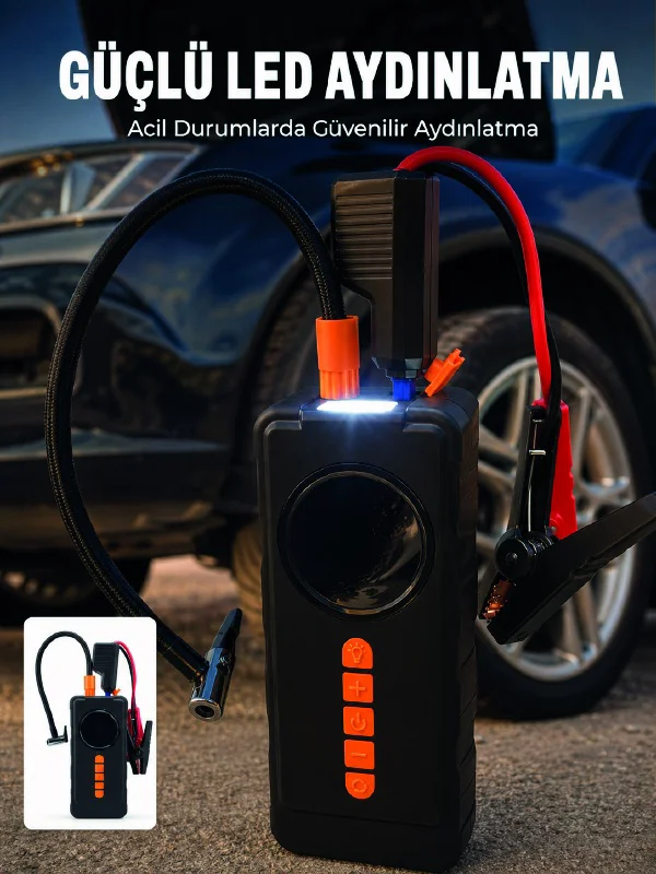 10000mah Şarjlı Araç Kompresörü Akü Takviye Cihazı Powerbank Özellikli Dijital Lastik Şişirme Pompası - Lisinya