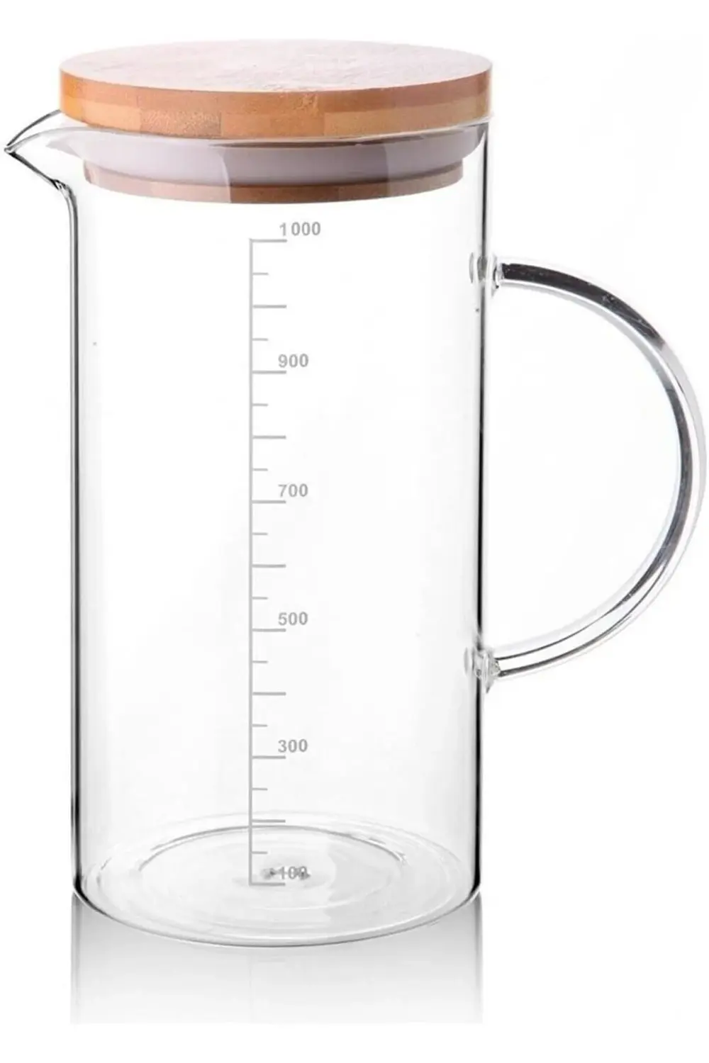 1000ml Bambu Kapaklı Cam Ölçü Kabı – Dayanıklı ve Şeffaf Sıvı & K