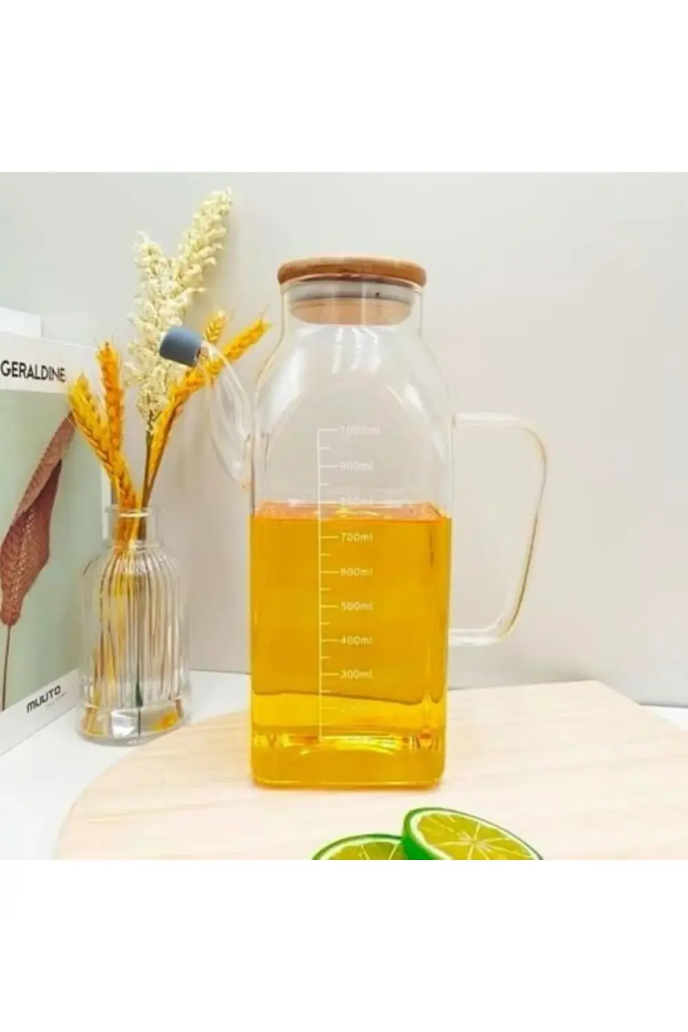 1000ml Bambu Kapaklı Cam Yağlık ve Sirkelik – Dayanıklı ve Şeffaf