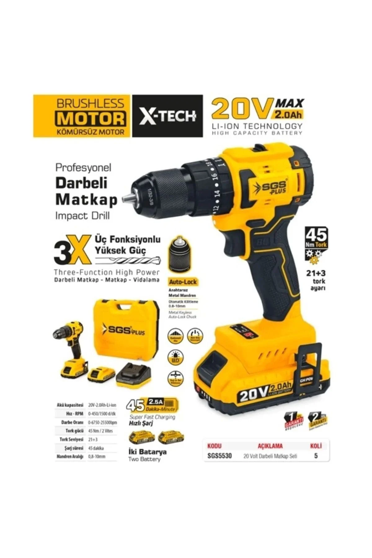 1001 - 1500 Watt SGS PLUS ŞARJLI TORNAVİDA SGS5530 Kablosuz 2 Yıl