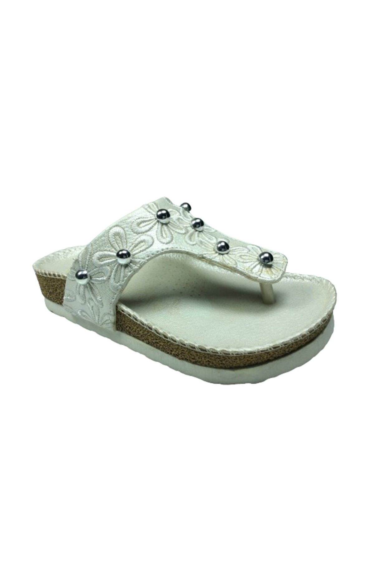 1005 Patik Kız Çocuk Beyaz Çiçekli Terlik Parmak Arası Abiye Taşl