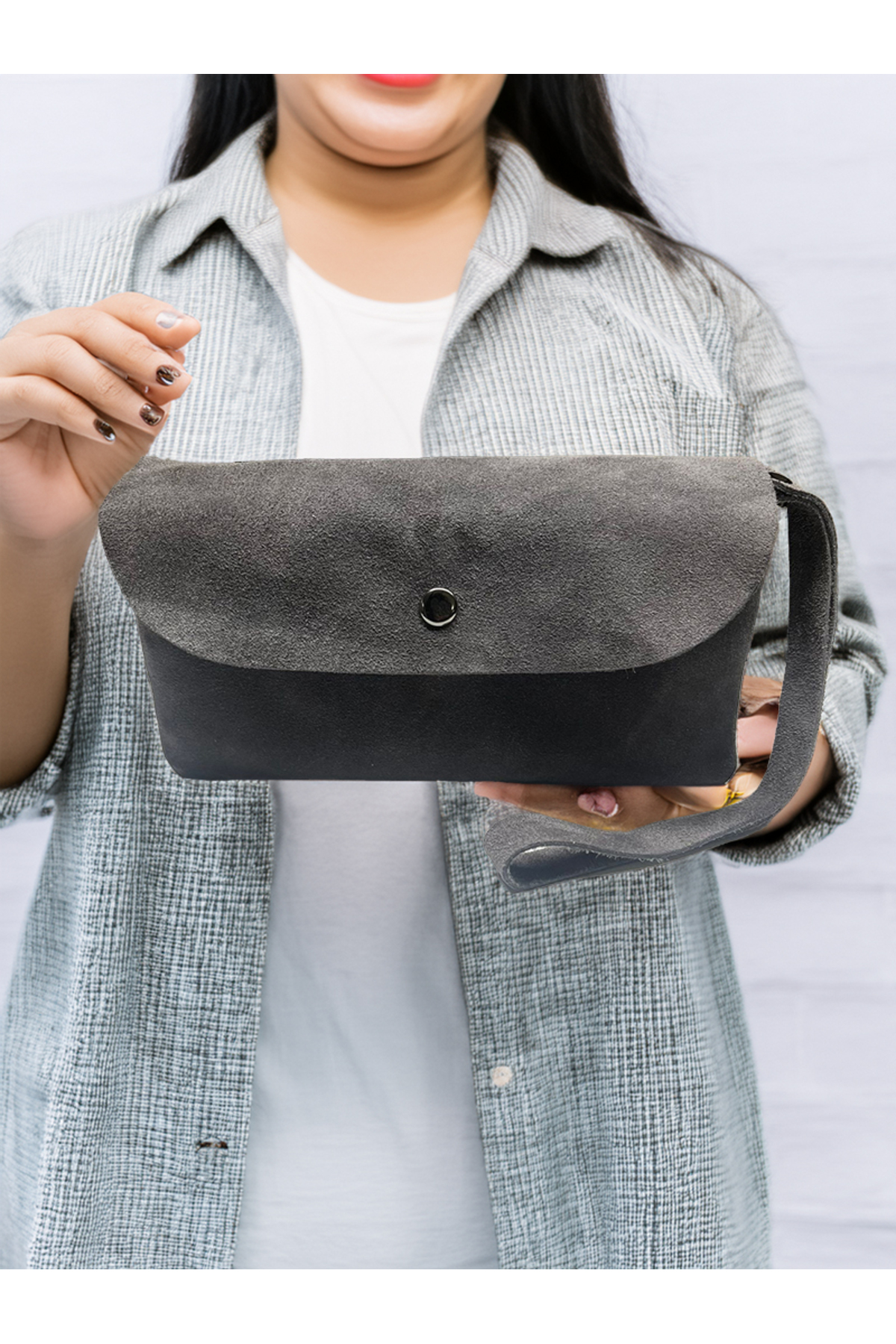 Hbs 100%Gerçek Süet Deri Kadin Taş Gri Cüzdan