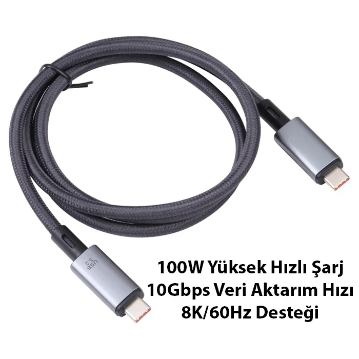 100W 8K Type-C - USB 3.2 Süper Hızlı Şarj & Görüntü Kablosu