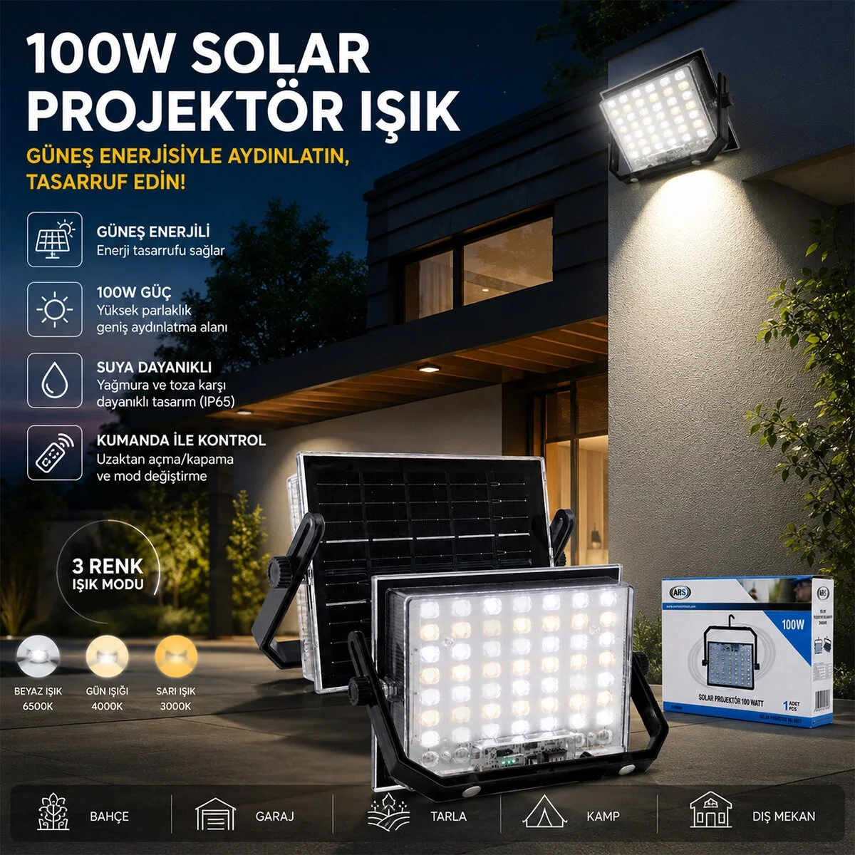 100w Güneş Enerjili Led Işık Solar Projektör - Fener Kamp - Dış Mekan 3 Farklı Led Işık 348960 Lmb Bx40 Fiyatı, Yorumları ve Özellikleri