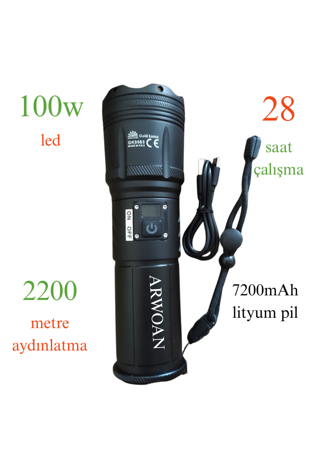 100W LED El Feneri 2200 Metre Aydınlatma, 28 Saat Çalışma Süresi