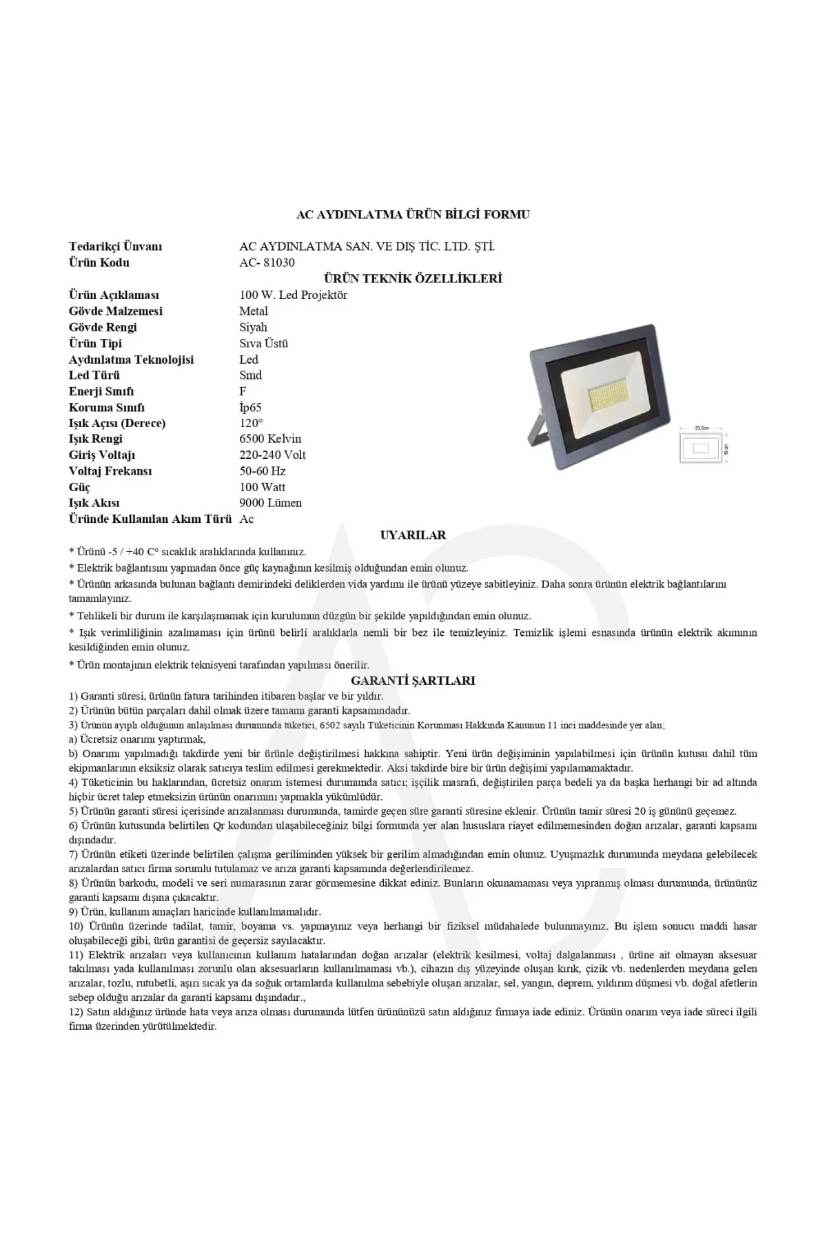 100W Led Projektör Beyaz Işık