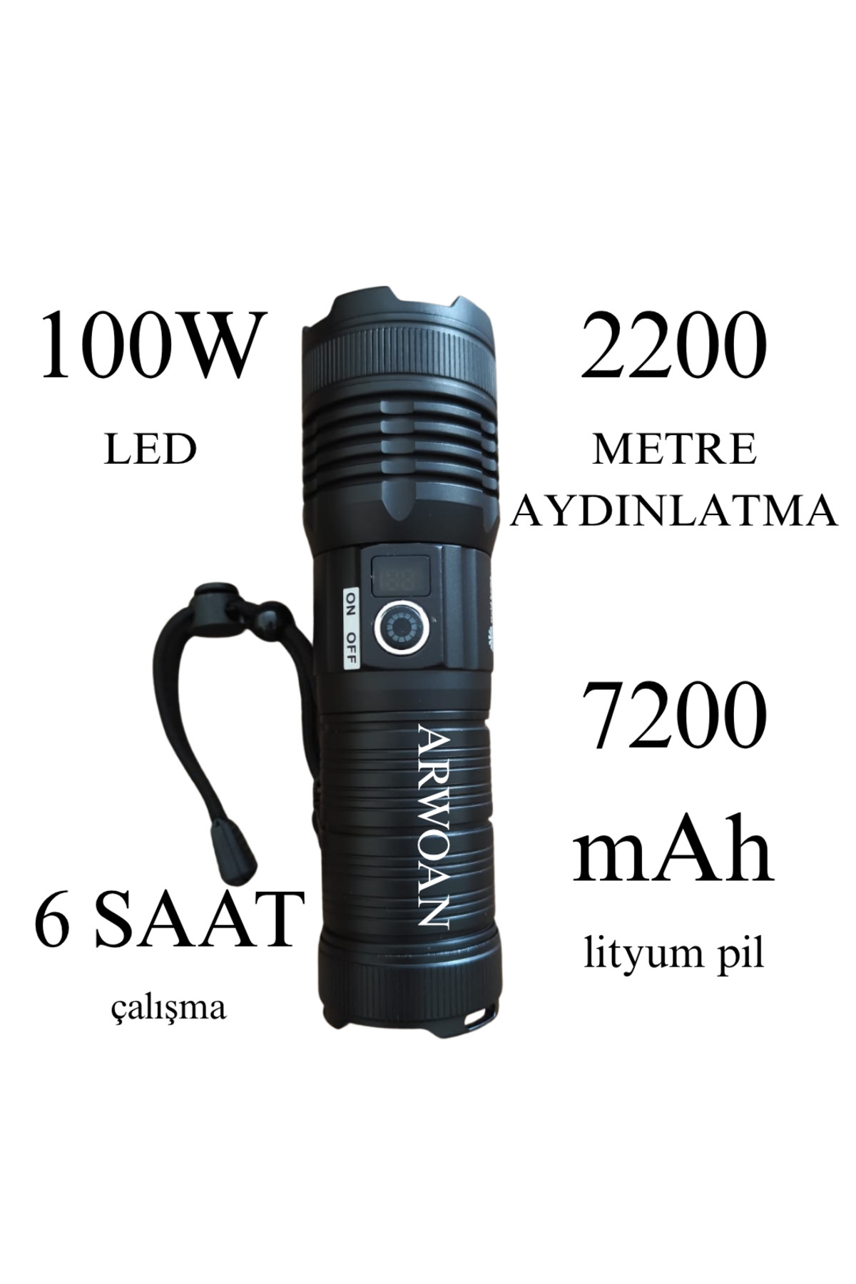 100W LED Şarjlı El Feneri | 2200 Metre Menzil – 7200 mAh Lityum P