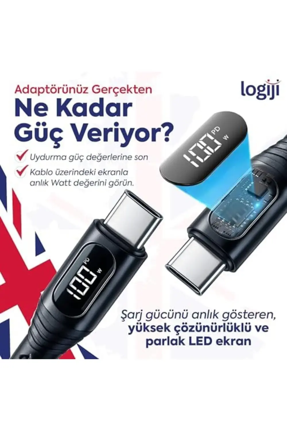 100W Type-C to Type-C LED Ekranlı Göstergeli Hızlı Şarj Kablosu |
