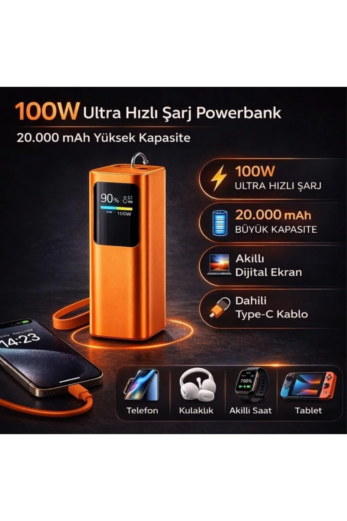100W Ultra Hızlı Şarj Powerbank 20000 mAh PD 3.0 Taşınabilir Şarj