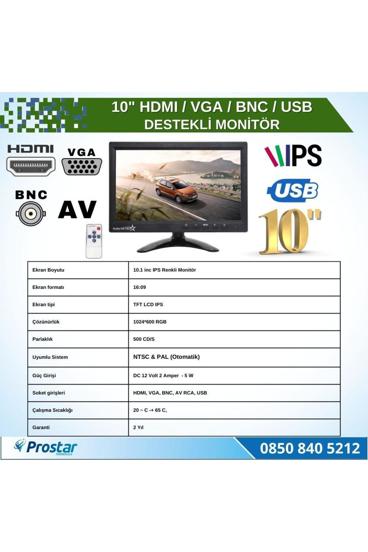 Navistar 10.1" Büyük Ekranlı Hdmi Vga Bnc Av Usb Girişli Monitör
