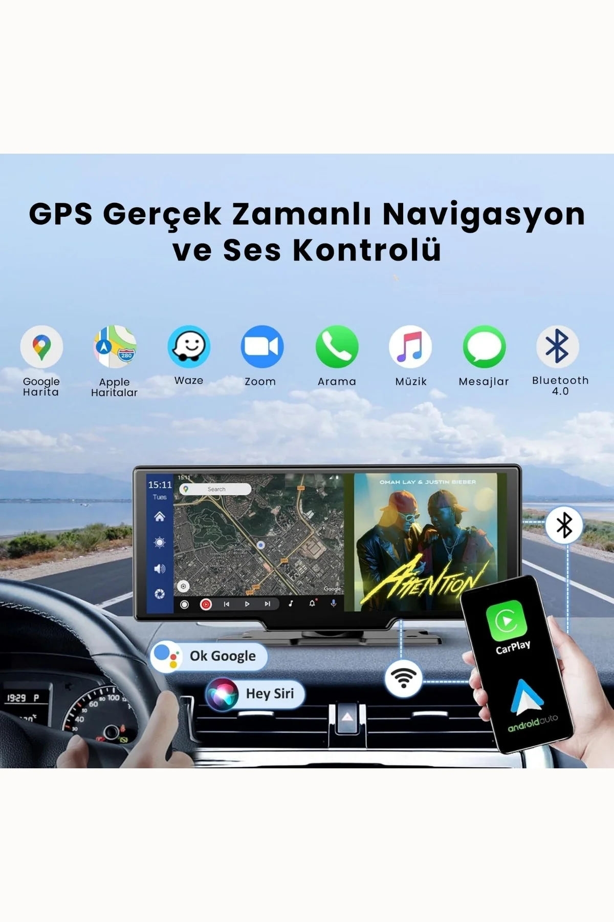 10.2" Ekranlı CarPlay ve Android Auto Uyumlu Universal Araç İçi Multimedya Monitörü