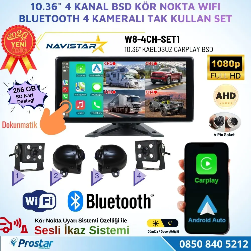 10.36 inç 4 Kameralı 1080P Kablosuz Carplay Wifi Bluetooth Fm Tra