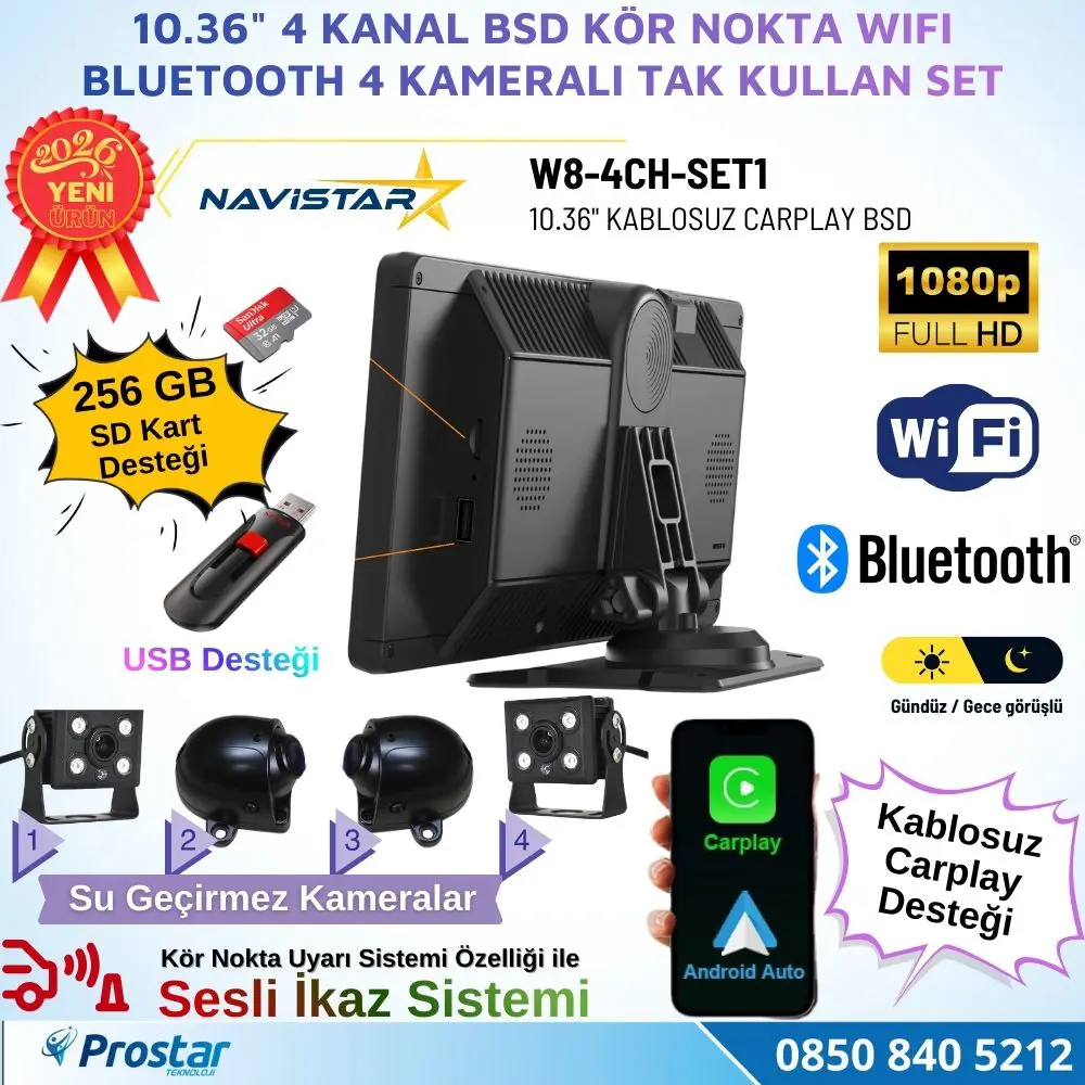 10.36 inç 4 Kameralı 1080P Kablosuz Carplay Wifi Bluetooth Fm Tra