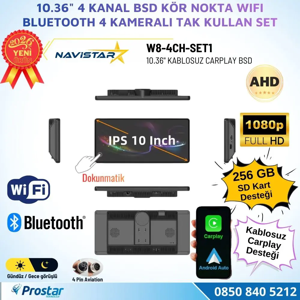 10.36 inç 4 Kameralı 1080P Kablosuz Carplay Wifi Bluetooth Fm Tra