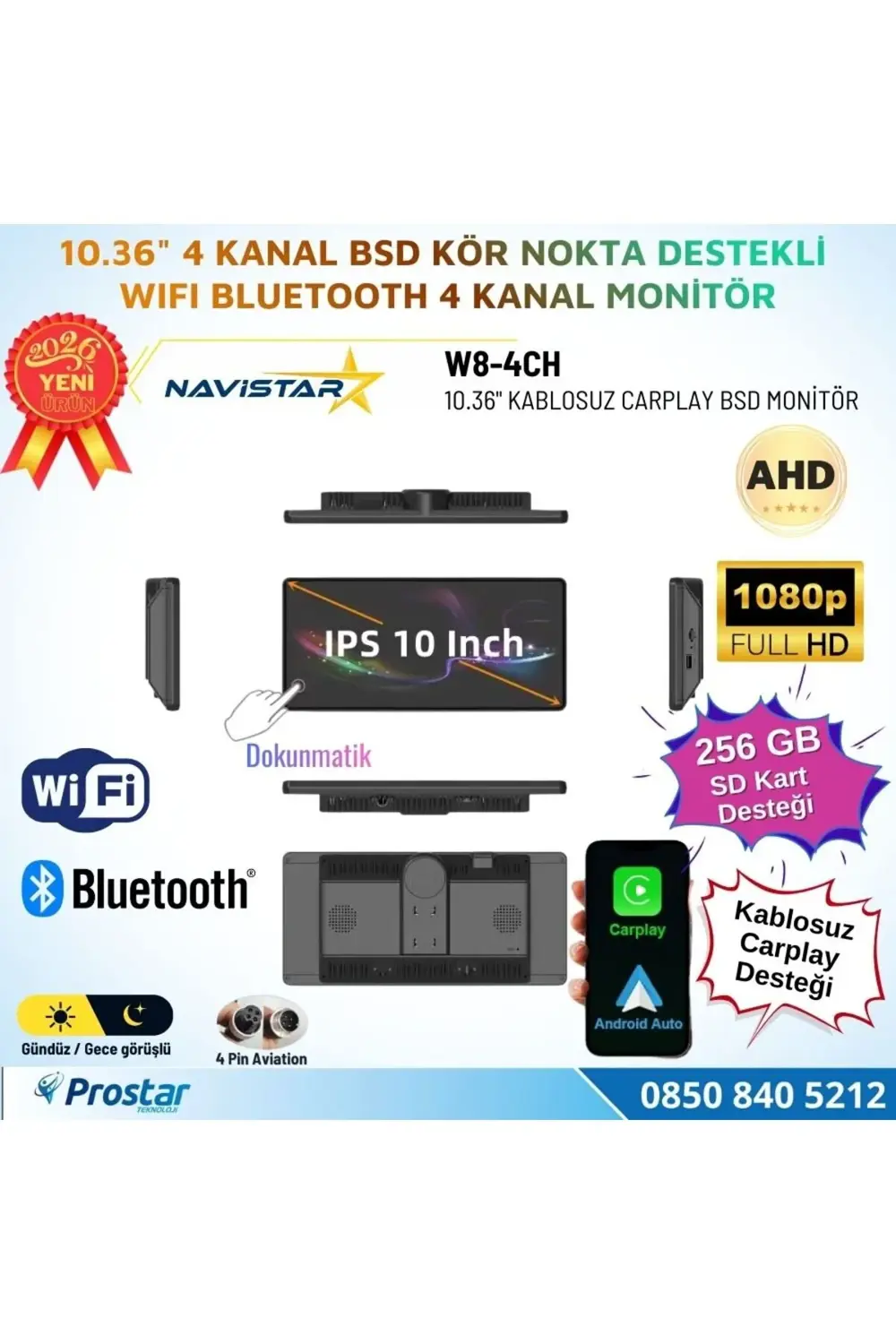 10.36 inç Dokunmatik Monitör Kablosuz Carplay Wifi Bluetooth FM T