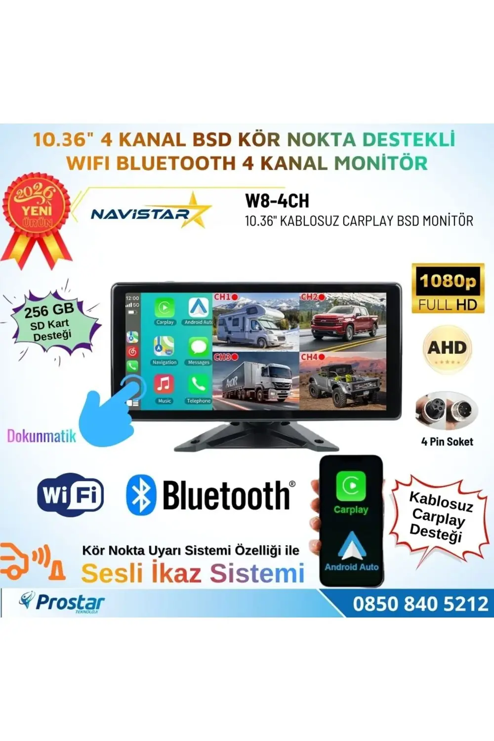 10.36 inç Dokunmatik Monitör Kablosuz Carplay Wifi Bluetooth FM T