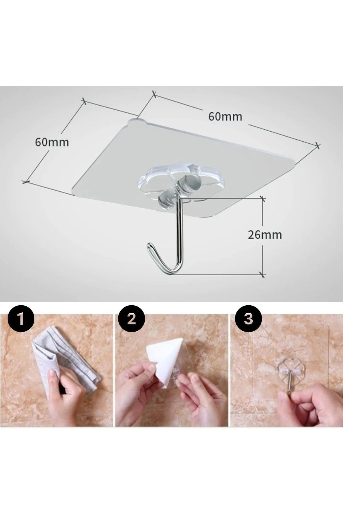 10'Lu Şeffaf Kendinden Yapışkanlı Güçlü Askı Kancası, Banyo Mutfak Organizer, İz Bırakmaz Pratik - Görsel 5