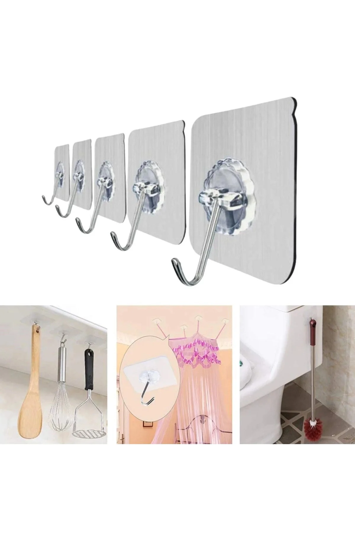 10'Lu Şeffaf Kendinden Yapışkanlı Güçlü Askı Kancası, Banyo Mutfak Organizer, İz Bırakmaz Pratik - Görsel 2