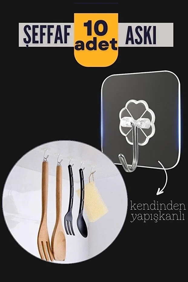 10'lu Şeffaf Kendinden Yapışkanlı Güçlü Askı Kancası, Banyo M 10'lu Şeffaf Kendinden Yapışkanlı Güçlü Askı Kancası, Banyo M