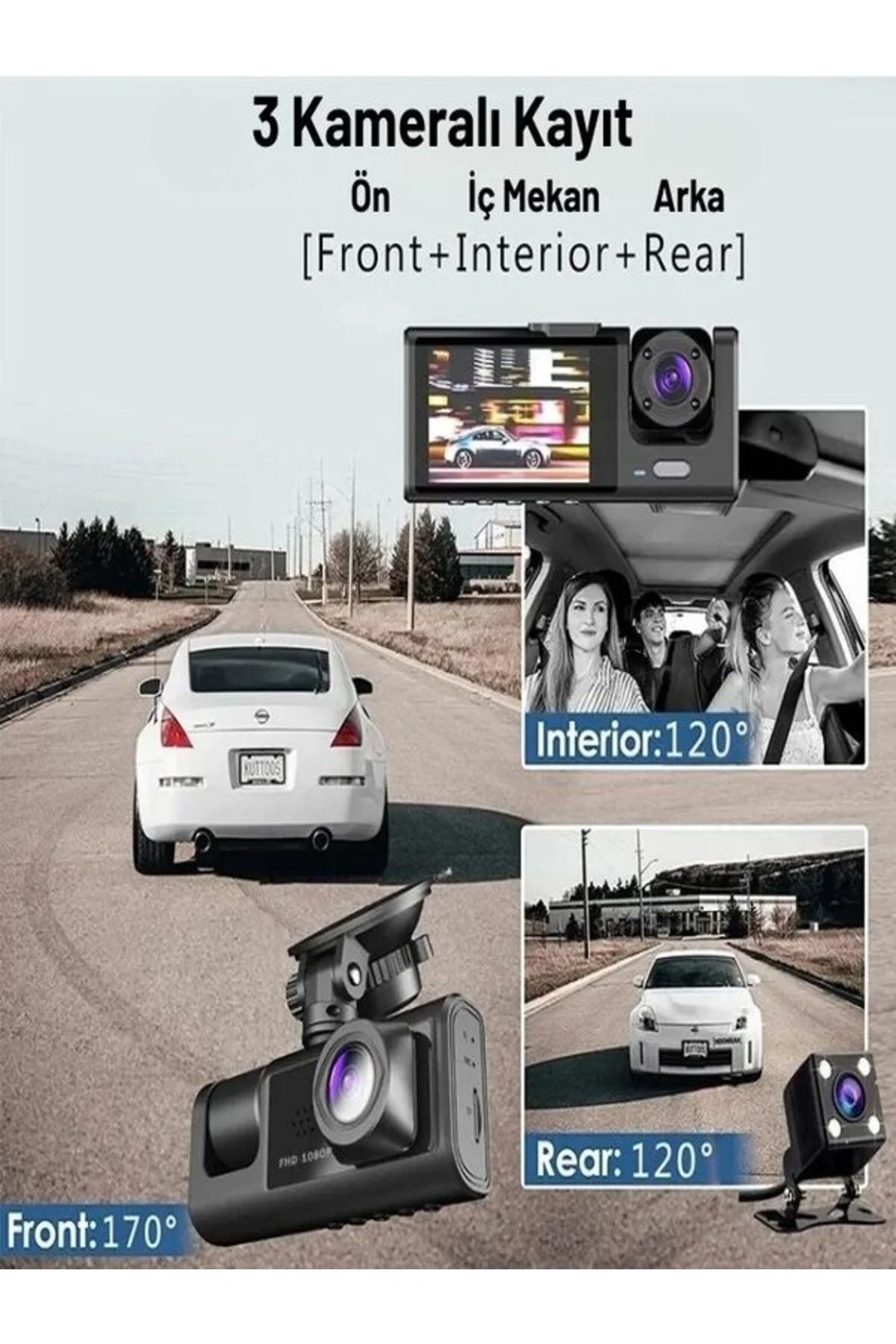1080p 3 Kameralı Araç İçi Kamera IPS Ekranlı Ultra Geniş Açılı Gece Görüşlü G Sensörlü