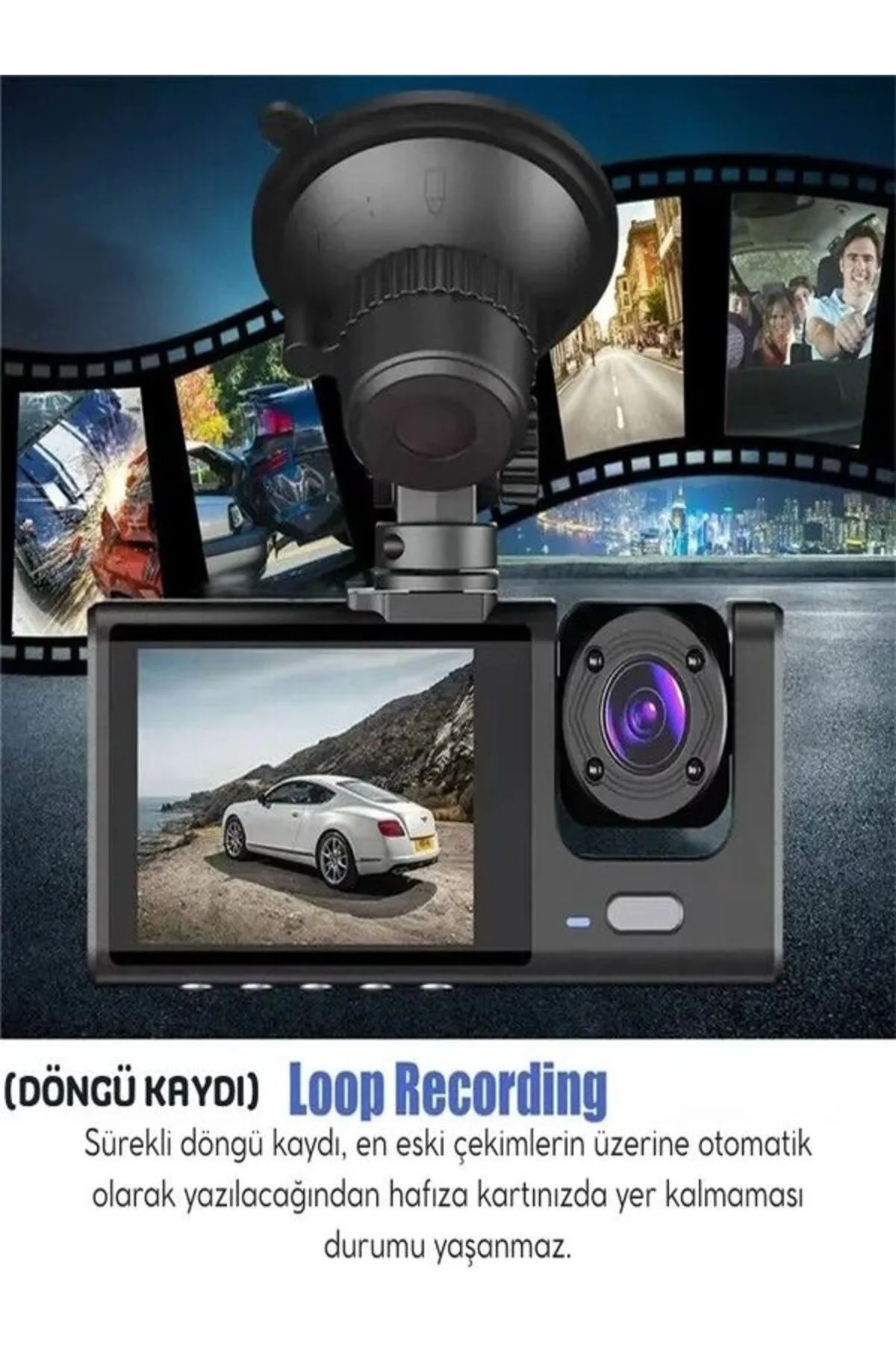 1080p 3 Kameralı Araç İçi Kamera IPS Ekranlı Ultra Geniş Açılı Gece Görüşlü G Sensörlü