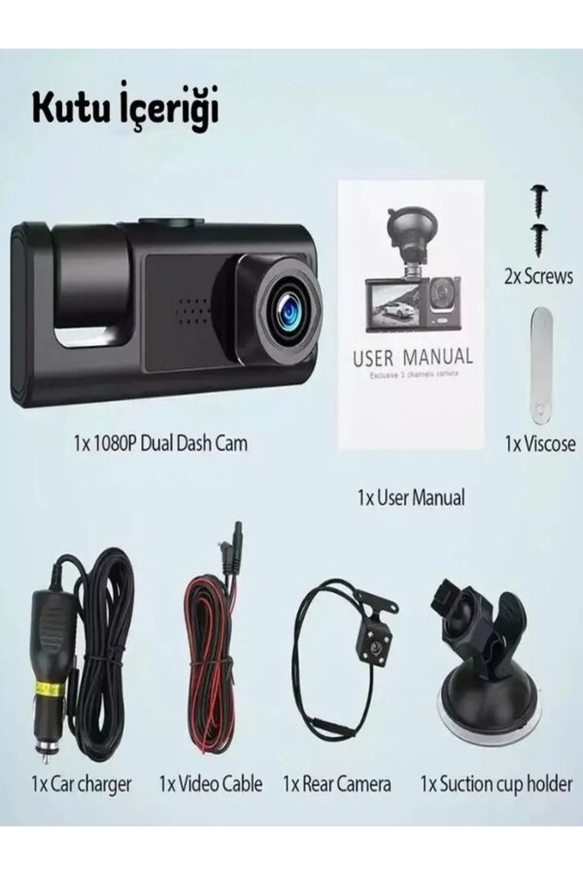 1080p 3 Kameralı Araç İçi Kamera IPS Ekranlı Ultra Geniş Açılı Gece Görüşlü G Sensörlü